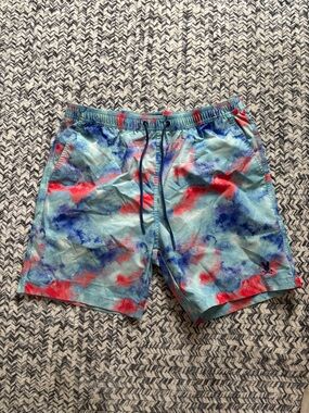 Psycho Bunny Tie-Dye Red White and Blue Men’s XL Swim Trunks Active Outdoor